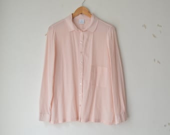 vintage 80s pastel pink silk button down long sleeves collared baggy fit shirt blouse // M-L