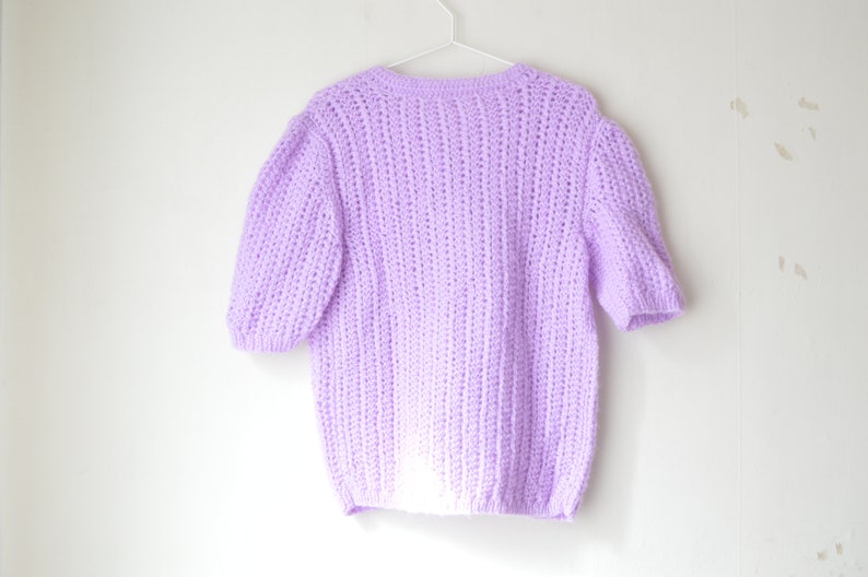 vintage pastel purple hand knit button down short sleeves top cardigan 80s M