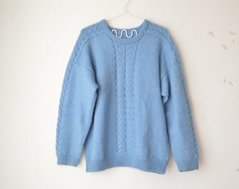 80s vintage light blue hand cable knit wool blend crew neck oversized sweater pullover // M-L