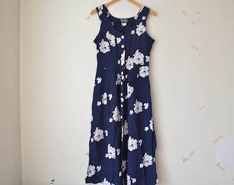 Vintage 1990s navy blue floral pattern sleeveless button down long maxi dress // M