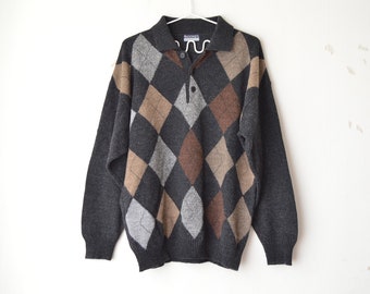 men's vintage dark gray argyle geometric half buttoned henley oversized knit sweater pullover 1990s // M-L