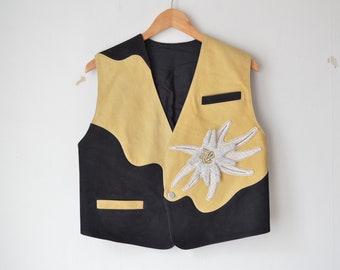 vintage men's Austrian 80s black and yellow suede leather floral patch tyrolean folk dirndl vest gilet // M