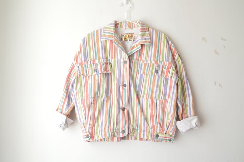 vintage pastel striped oversized baggy fit grunge denim jeans jacket 80s L