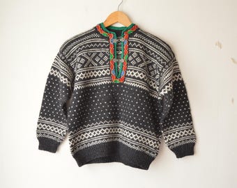vintage children's black and gray nordic norwegian wool sweater pullover