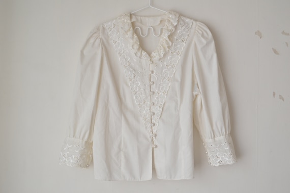 ivory white floral lace collared buttoned puff sl… - image 1
