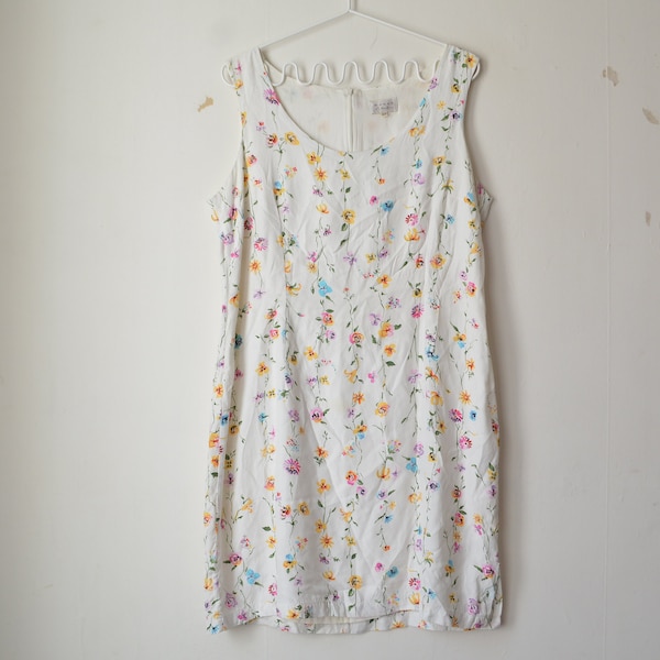 vintage 90s white floral pattern sleeveless tank mini babydoll dress // L