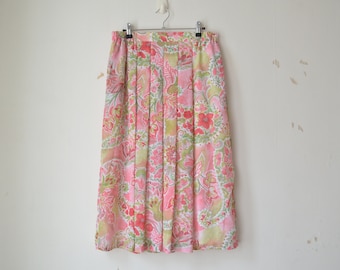 vintage jaren 1980 roze bloemenpatroon pure geplooide midi A-lijn rok met hoge taille // L