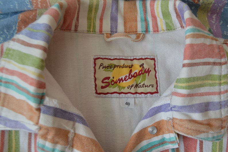 vintage pastel striped oversized baggy fit grunge denim jeans jacket 80s L