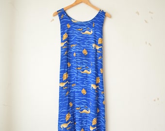 blue fish dress vintage 90s pattern sleeveless summer mini beach // M summer markets Garden Party Off the shoulder a Size:US6 - Preorder