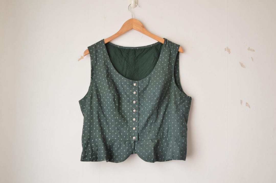 Austrian Patterns Retro Vintage 1980s Austrian Floral Pattern Green Buttoned Sleeveless Folk ...