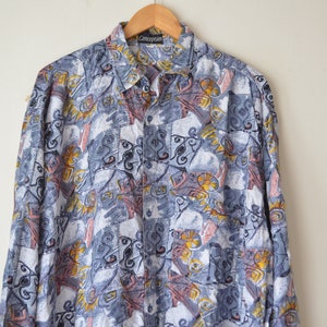 vintage men&#39;s 80s abstract pattern button down collared long sleeves oversized shirt // XL