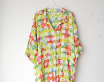 camicetta tunica a camicia lunga oversize a quadri verde lime vintage anni '90 e motivo floreale // XL