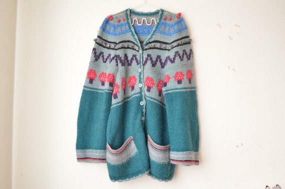 vintage green hand knit boho novelty popcorn knit