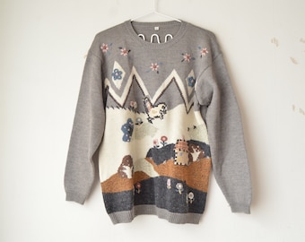 vintage 90s gray novelty scenery embroidered wool blend oversized sweater pullover // M-L