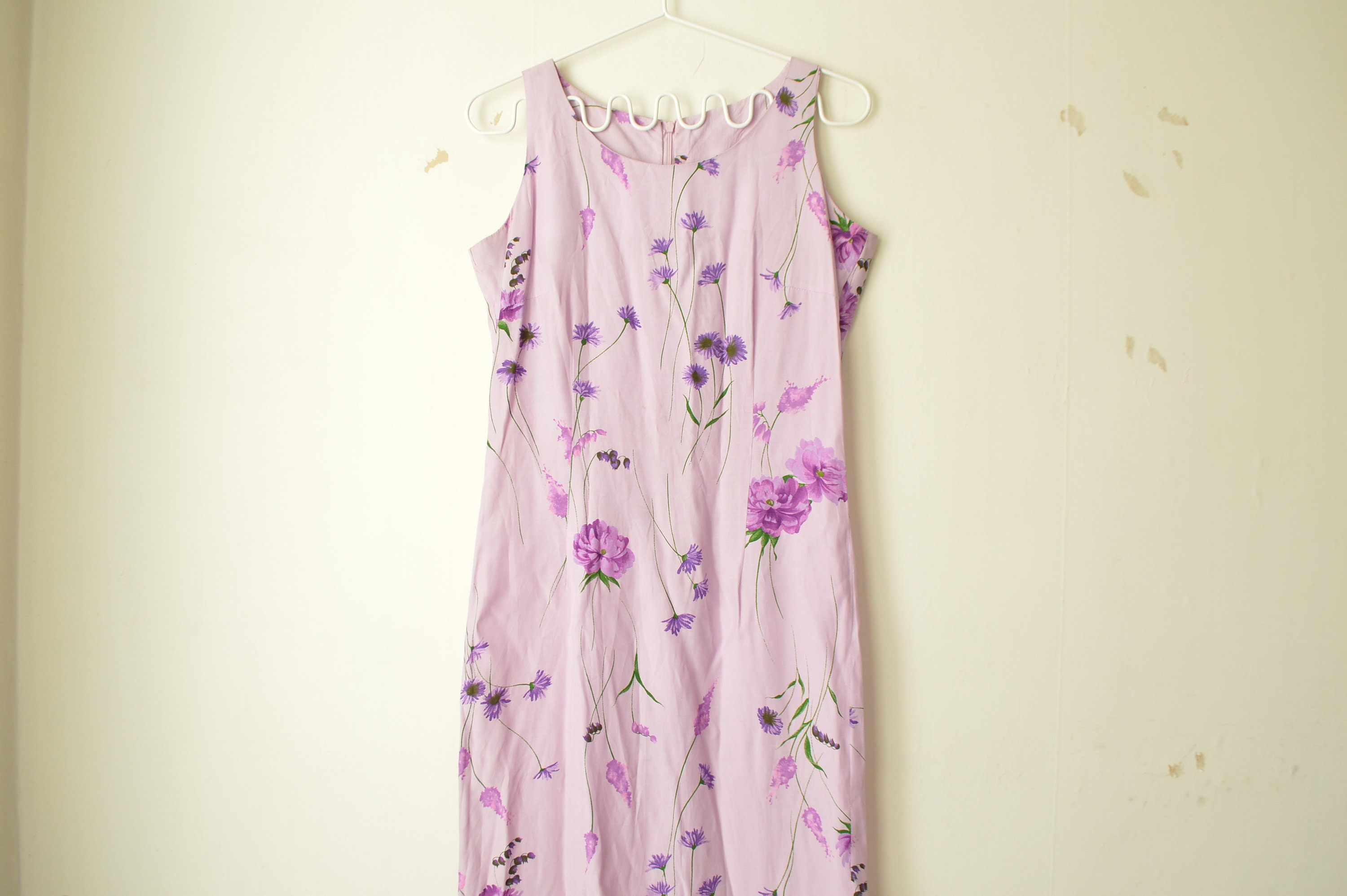 Handmade vintage zipper back brown/purple floral shift maxi dress size Large or
