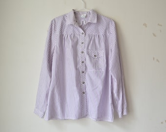 vintage Austrian 90s white and purple striped buttoned long sleeves collared loose fit shirt blouse // L