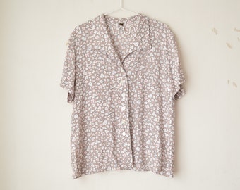 vintage light brown floral leaf pattern oversized buttoned vintage granny shirt blouse 80s // L