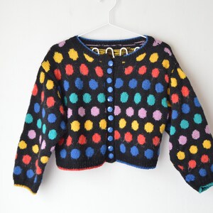 Vintage 80s black colorful dotted polka dot hand knitted crop wool blend cardigan // S