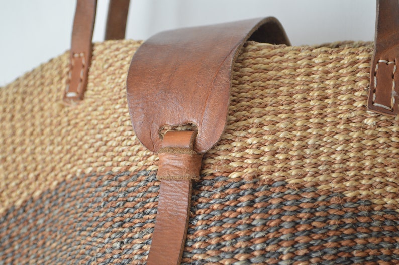 vintage woven and leather sisal shopper market tote shoulder bag 70s
