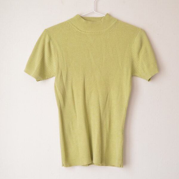 vintage light green ribbed mock neck short sleeves knit top sweater 1990s // S