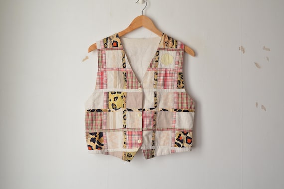 Vintage 1990s cream patchwork pattern button down… - image 1