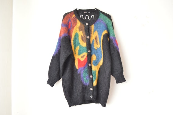 black colorful intarsia mohair button down long kn