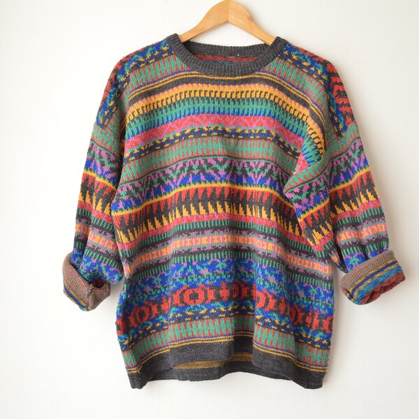 Vintage 1980s multicolor geometric pattern wool blend ugly sweater pullover // XL