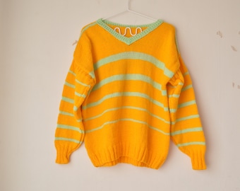 vintage hand knitted orange striped v neck loose fit wool blend sweater pullover 1980s // M-L