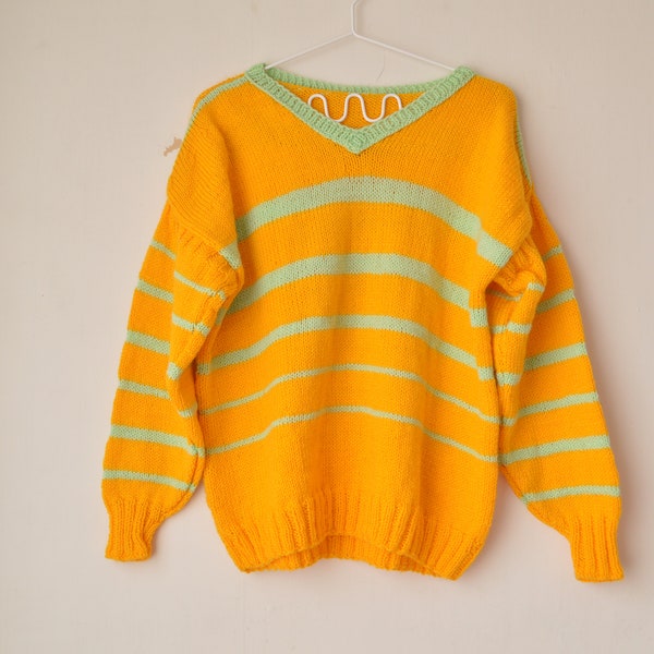 vintage hand knitted orange striped v neck loose fit wool blend sweater pullover 1980s // M-L