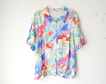 vintage abstract pattern button down short sleeves oversized shirt blouse 90s // L