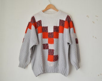 vintage 1980s gray geometric pattern oversized hand knit wool blend sweater pullover // L-XL