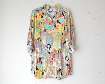 vintage 90s abstract floral colorful psychedelic pattern buttoned long sleeves granny shirt blouse // L-XL