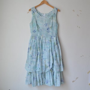 Vintage 1970s blue fish and shell pattern sleeveless layered summer midi mini dress // S-M