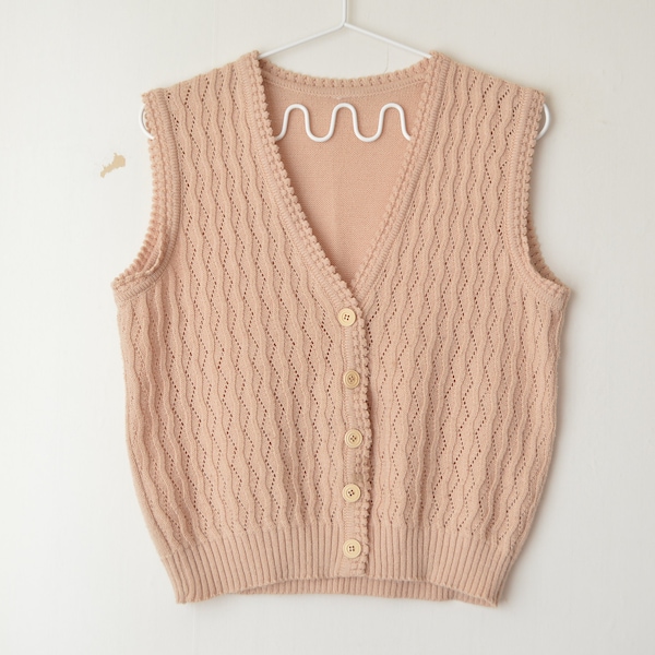 vintage beige hand knit button down v neck granny vest gilet spencer 1990s // M