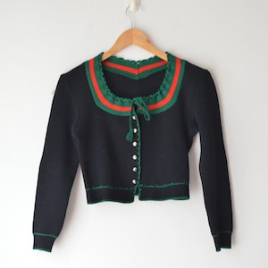 Vintage 1990s Austrian black tyrolean dirndl folk cropped wool hand knit cardigan // S