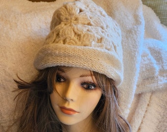 Feminine Cream Crocheted Boho Hat Flowers Overlay Fun Gift Love Crochet Floral