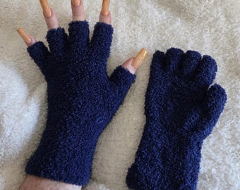 Guantes suaves y cálidos sin dedos para la muñeca, tejidos en azul marino, calentadores de manos y muñecas.