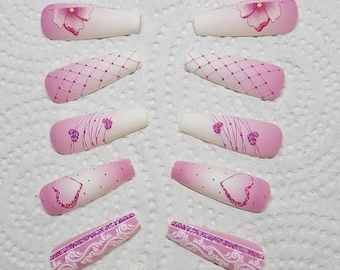 Pink Heart Flower BARBIE LOVE Wedding Full Long Fake Nail Art Kawaii 3D Set, Pink Flower, Hand-Painted, Gel * Ready To Ship