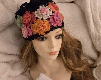 Crochet Black Hat with Rose Rosettes Blue Green Red Pink Perfect Every Season Beanie Boho Gift