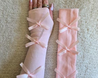 PINK Girly Lightweight Soft Fabric Wrist Warmers * Coquette Bows Ballet Barbie Delicate Feminine Arm Warmers * Hole For Thumb  READY To SHIP