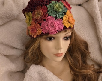 Crochet Maroon Hat with Rose Rosettes Blue Green Red Pink Perfect Every Season Beanie Boho Gift