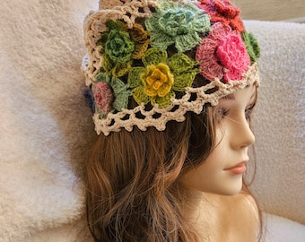 Crochet Ivory Beige Hat with Rose Rosettes Blue Green Red Pink Perfect Every Season Beanie Boho Gift