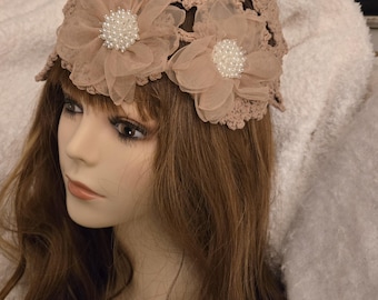 Feminine Crochet Taupe Beige Boho Beanie Hat with Organza Rosettes accented by beads. Perfect Every Season Wedding Date Stylish Gift