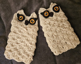 Cute! Crochet Owl Wrist Warmers * Beige Bird Fun Crocheted, Arm Warmers * READY TO SHIP