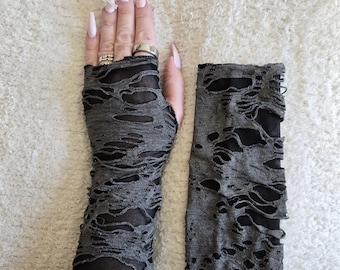 STEAMPUNK Grey & Black Lightweight Soft Fabric Wrist Warmers * COSPLAY Dune Apocalypse Emo Goth Delicate Punk * Hole For Thumb READY To Ship