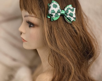 ST PATRICK'S DAY Lucky Green Glitter Hair Bow * Saint Patty's Day 3-Inch Clip * Shamrock Clover Glitter "Good Luck" Irish Dance *