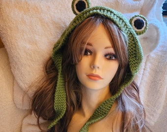 Green Knit Frog Bandana Hat with Ties (no headband) Ear Warmers