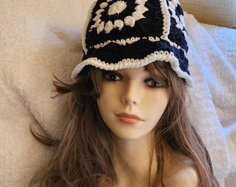 Fun Crochet Bucket Hat Flower Detail Black White Stylish Perfect for Every Season Holiday Gift