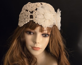 Feminine Crochet Ivory Boho Beanie Hat with Organza Rosettes accented by beads. Perfect Every Season Wedding Date Stylish Gift