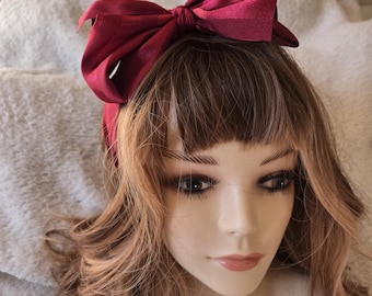 HOLIDAY Headband RED Silky Satin Valentine Christmas Bow Headband Fabric Covered Band. Perfect for Family or Work Party Festive Event